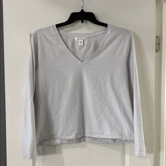 Athleta Tops - Athleta White with Gray Striped V-Neck Long Sleeve Top‎ XL